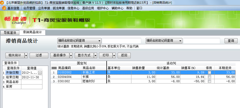 用友t1商貿寶服裝鞋帽版11.5如何查詢滯銷的商品？