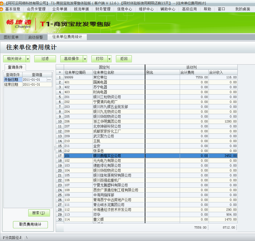 用友t1商貿寶批發零售版12.6如何查詢費用統計？