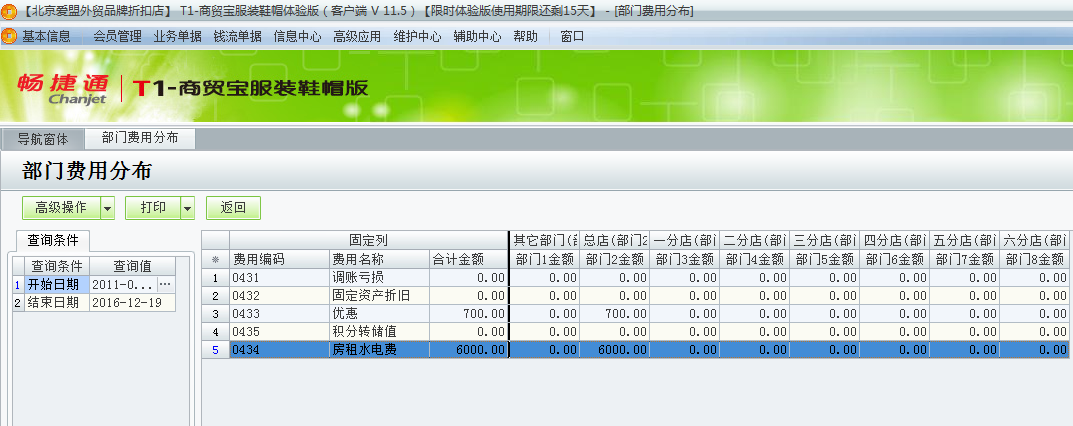 用友t1商貿寶服裝鞋帽版11.5如何查詢當前費用的詳細分布情況？