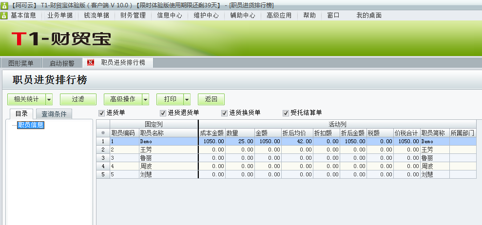 用友t1財貿寶10.0怎樣查詢員工的進貨情況？