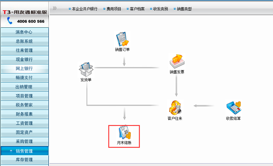 用友T3標準版銷售系統如何結賬